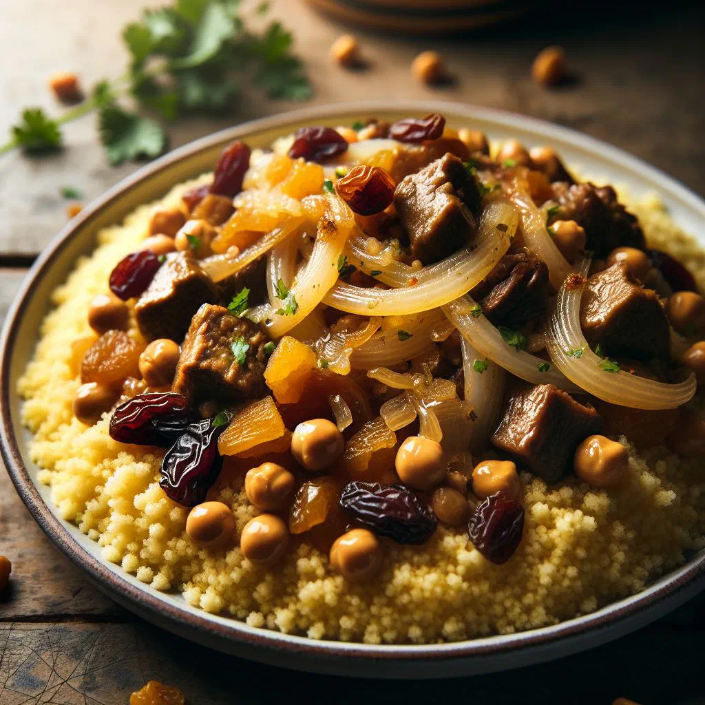 Fluffy couscous topped with tender lamb and a caramelised onion and dried fruit sauce