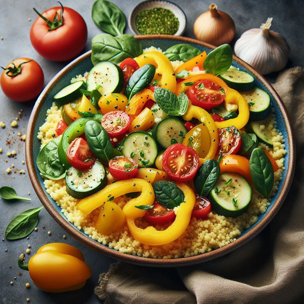 Fluffy couscous with colourful roasted vegetables and fresh herbs