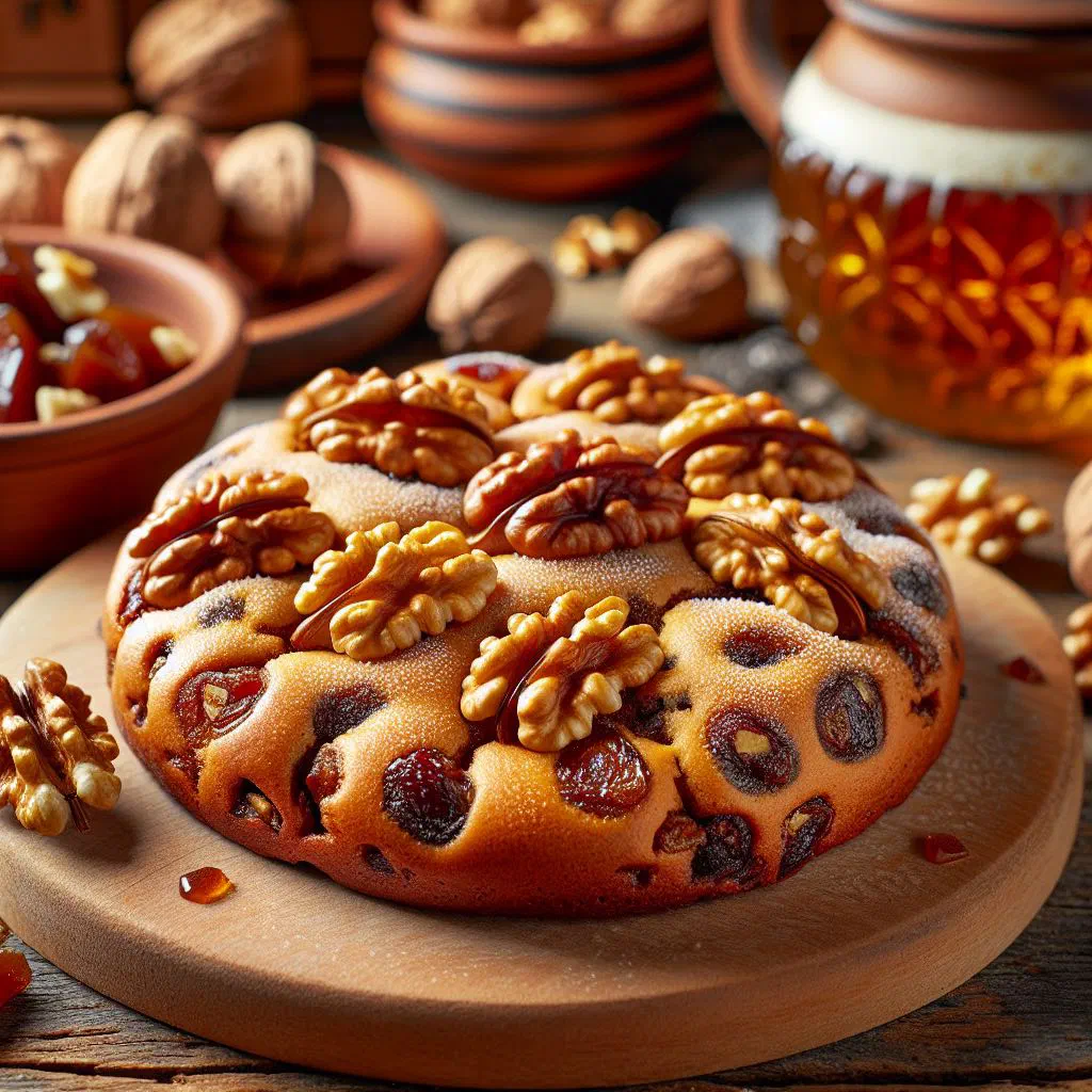 Sliced date and walnut bread on a rustic board