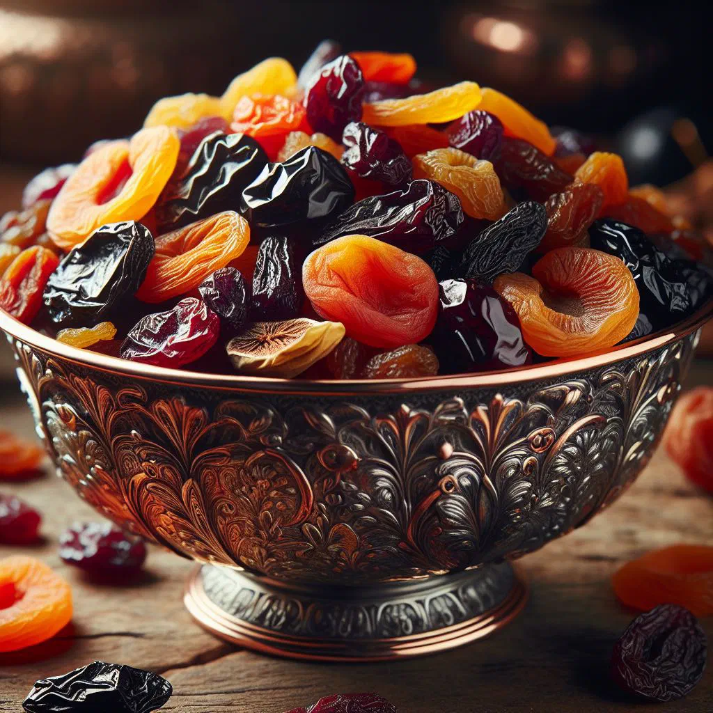 Warm dried fruit compote with apricots, figs and dates in a glass bowl