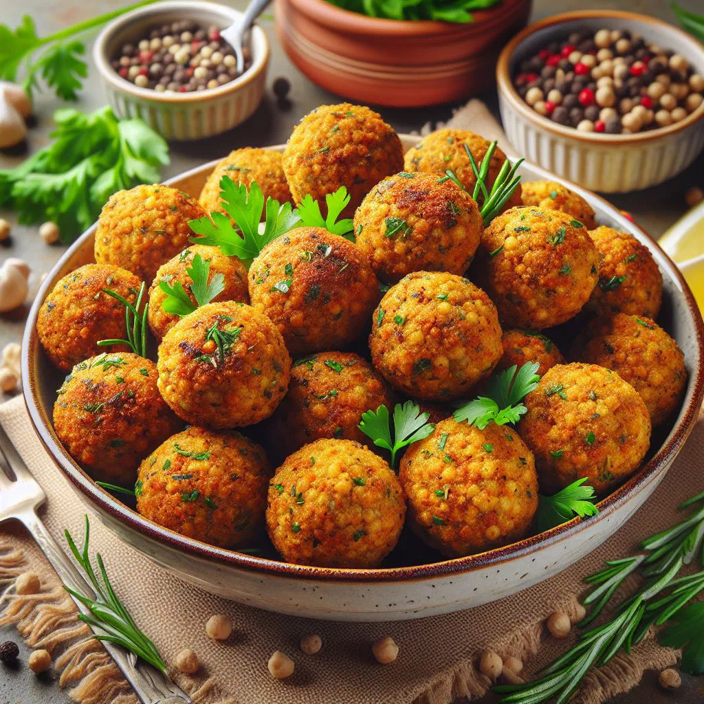 Golden-brown falafel balls served with tahini and fresh salad