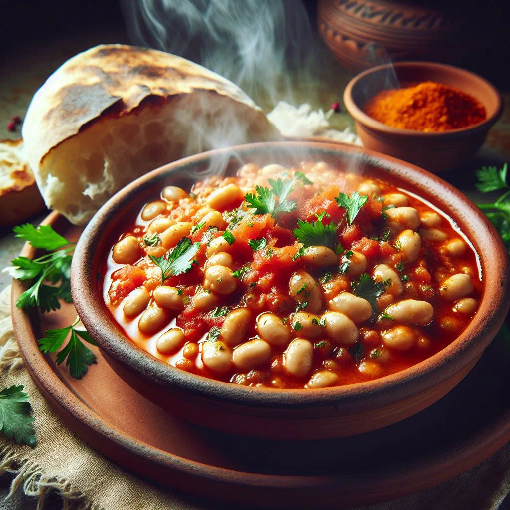 Fasolia white beans simmered in a rich tomato sauce, garnished with parsley