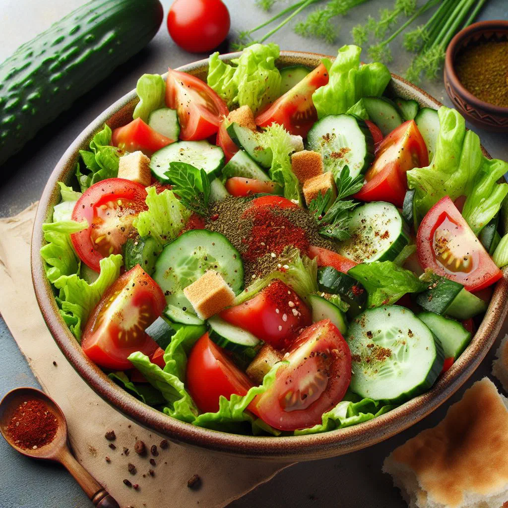 Colourful fattoush salad with crisp flatbread and a sprinkle of sumac