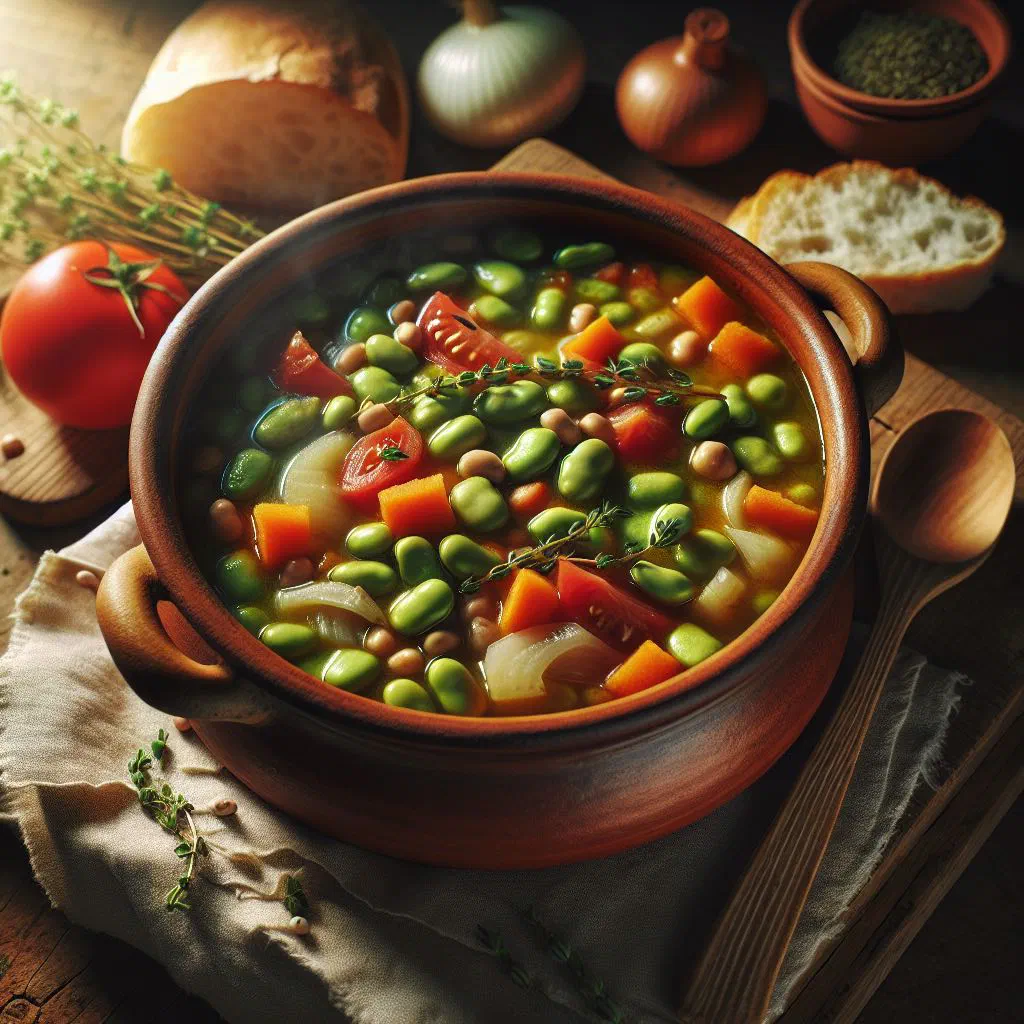 Bowl of Israeli fava bean stew garnished with fresh herbs