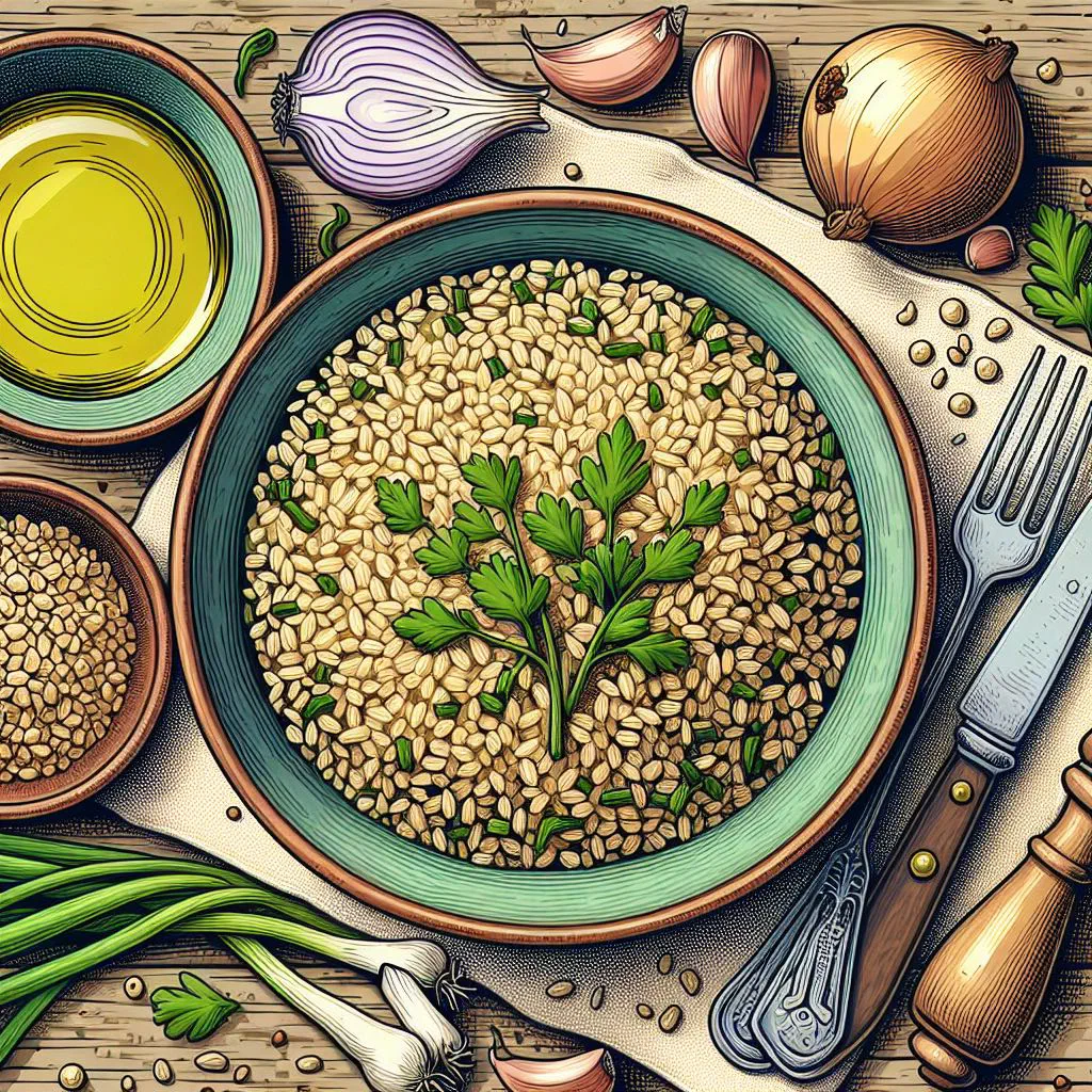 A bowl of cooked freekeh with peppers, peas and fresh herbs