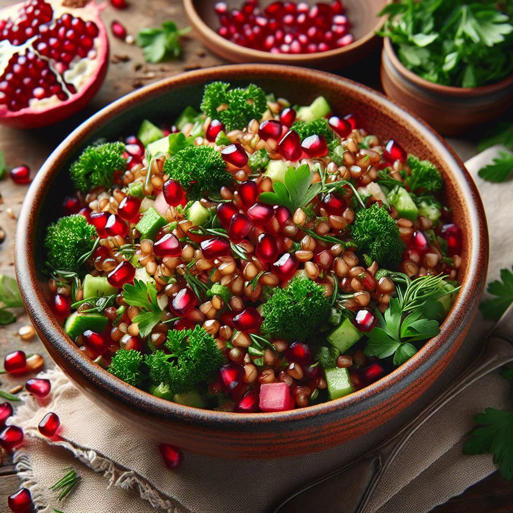 Freekeh salad topped with pomegranate seeds, feta and fresh herbs