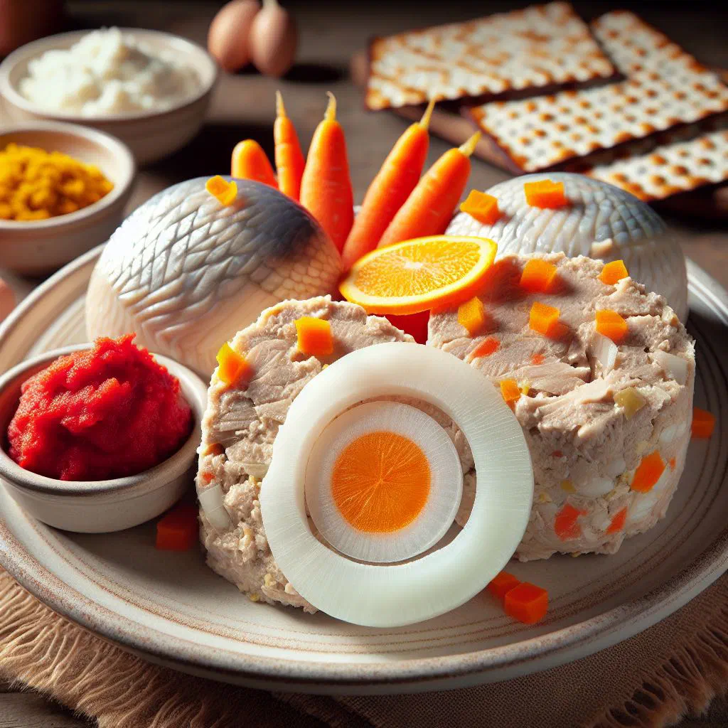 Poached gefilte fish balls served with a bowl of horseradish sauce