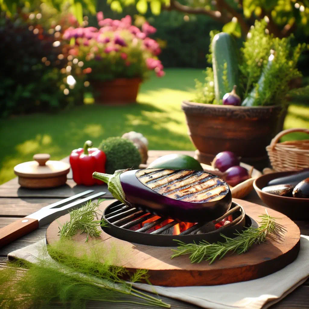 Slices of grilled aubergine drizzled with olive oil and scattered with fresh herbs