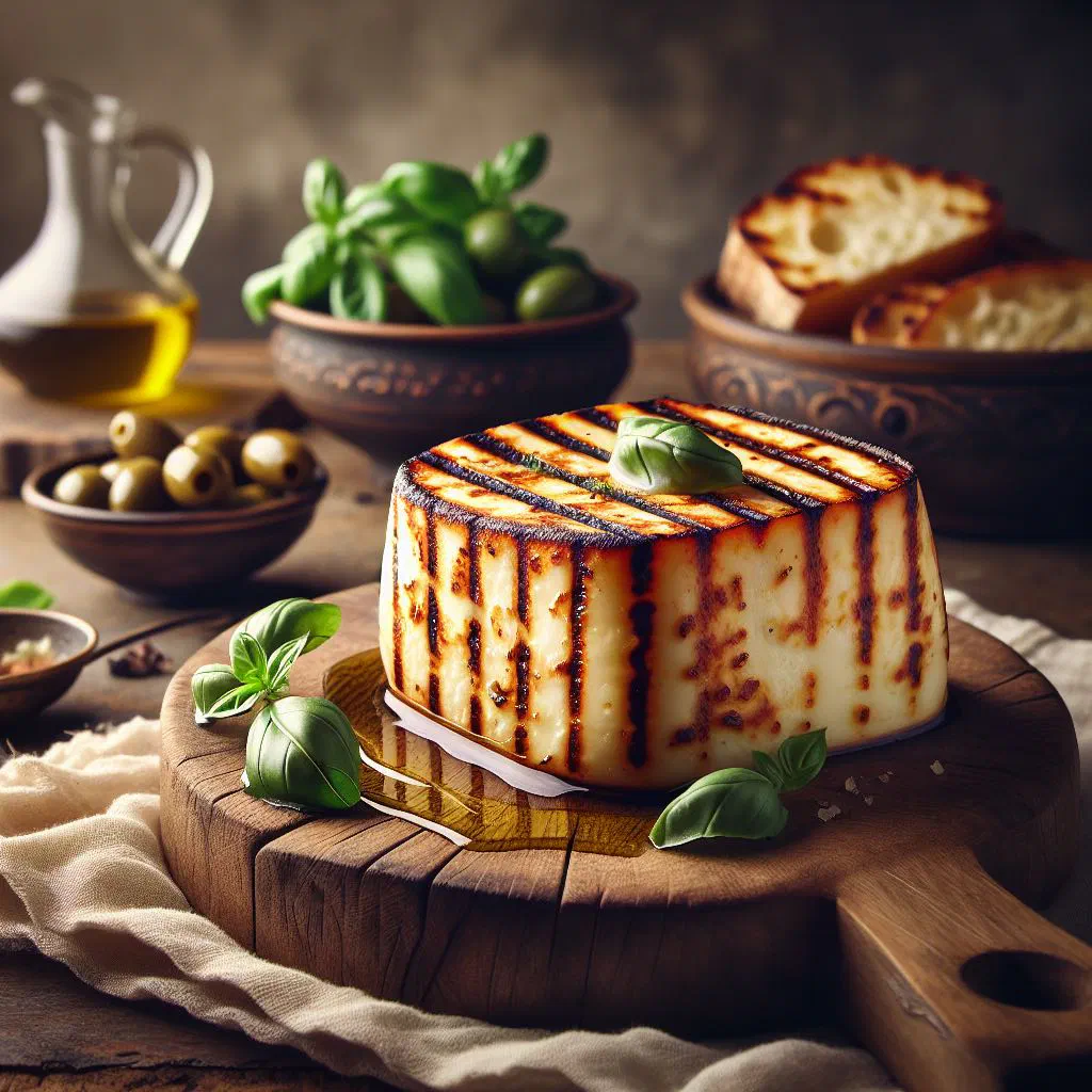 Golden slices of grilled halloumi with charred courgette and peppers