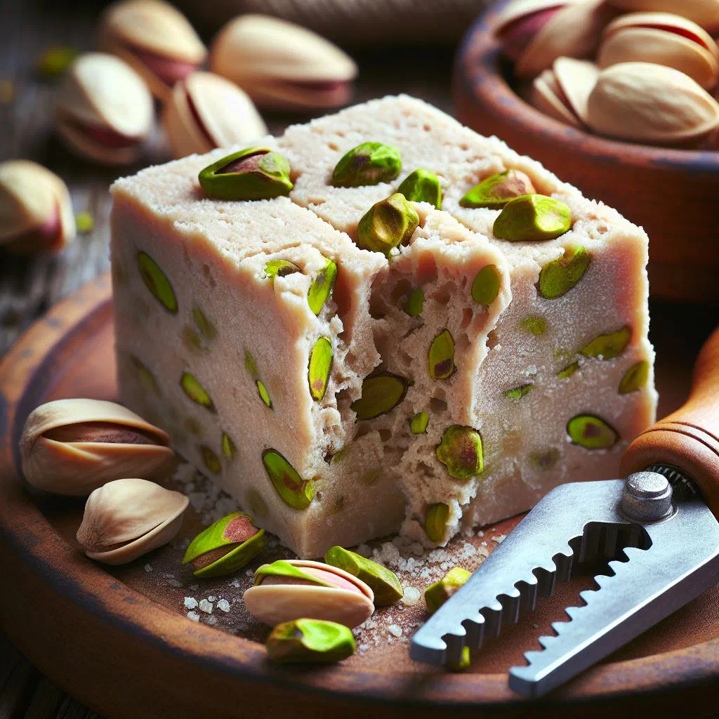Sliced pistachio halva topped with chopped green pistachios