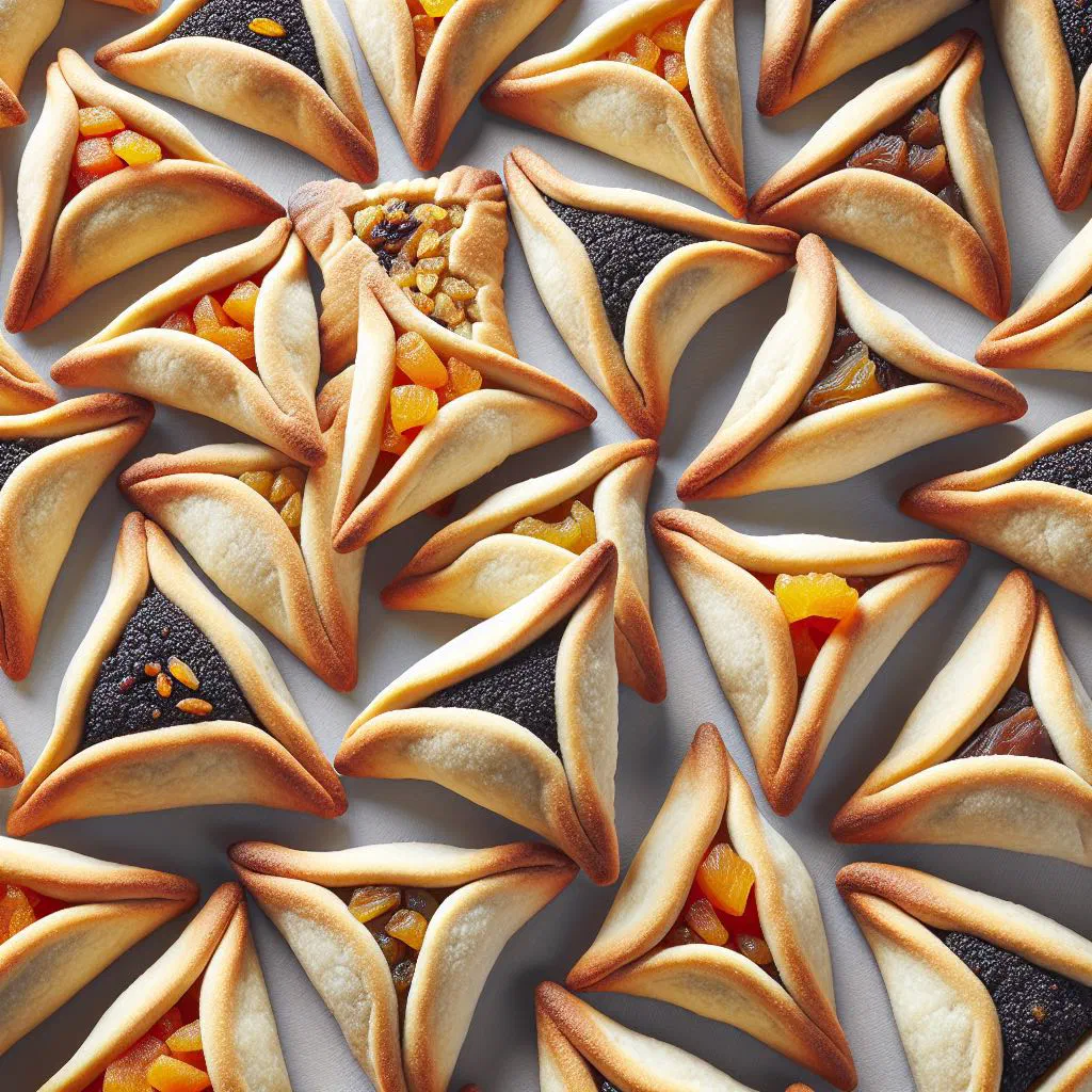 Triangular hamantaschen pastries filled with jam, dusted with icing sugar