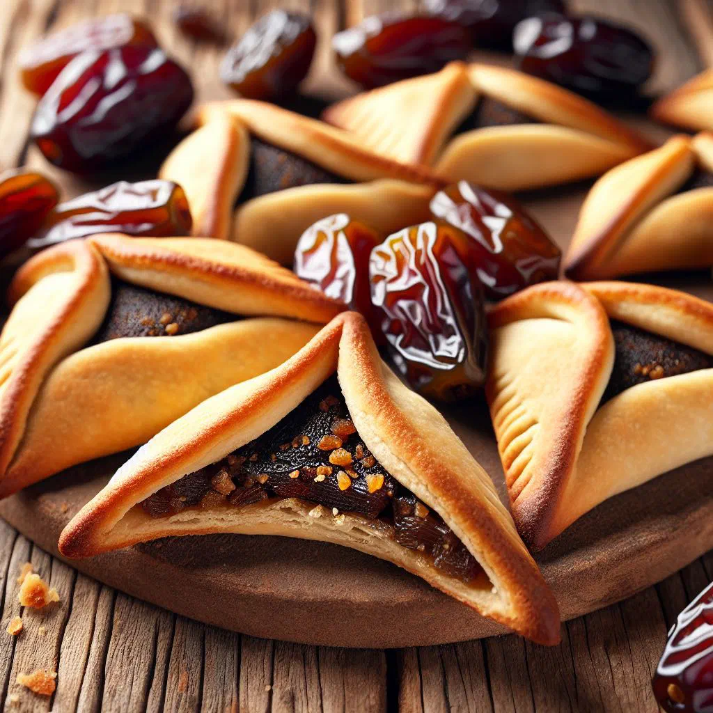 Triangular hamantaschen pastries filled with sweet chopped dates