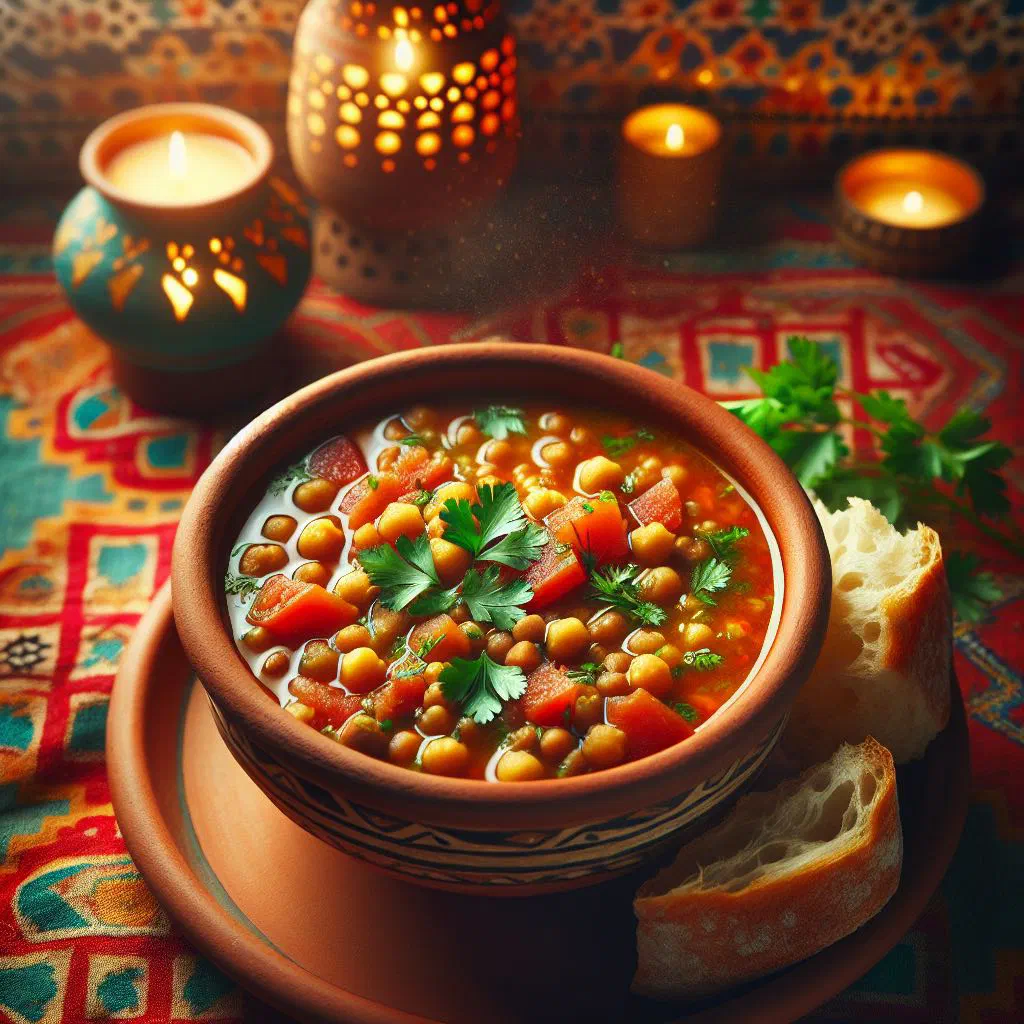 A steaming bowl of harira soup with lentils, chickpeas and fresh herbs