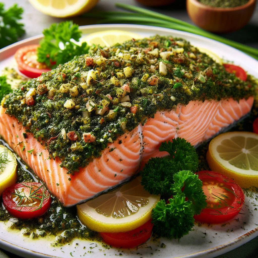 Baked salmon fillets topped with a golden herb crust and lemon slices
