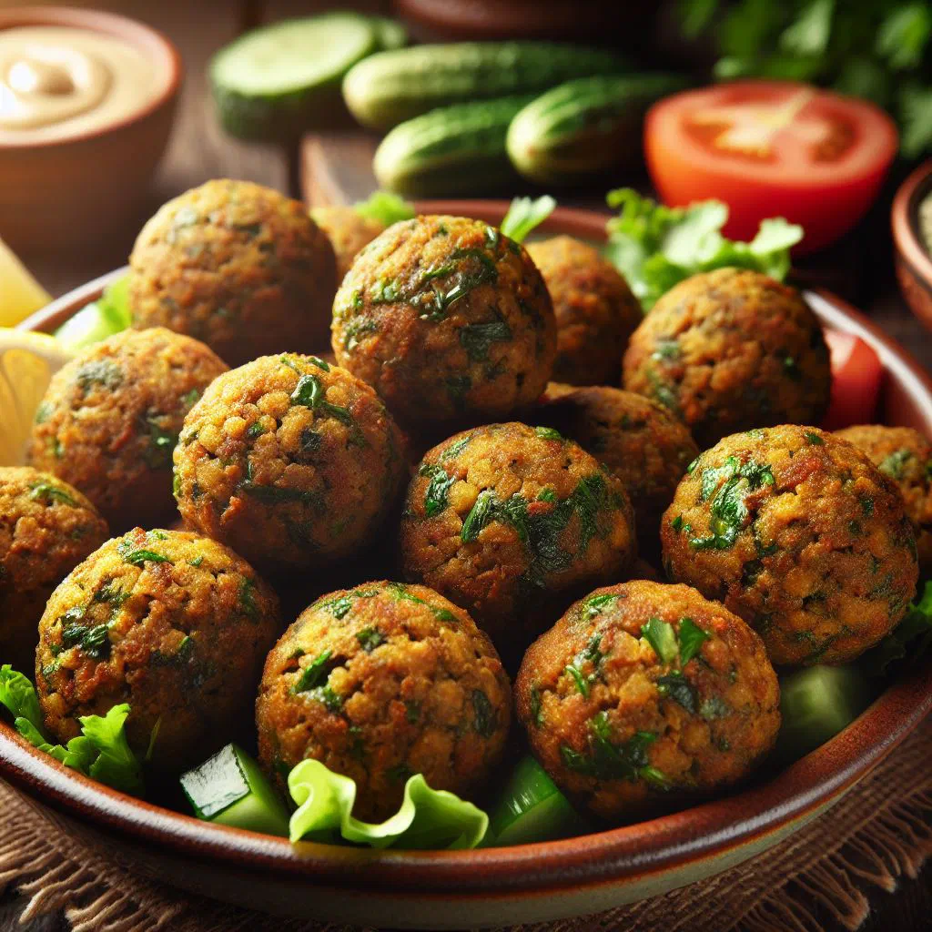 Golden herb falafel balls garnished with fresh parsley and coriander