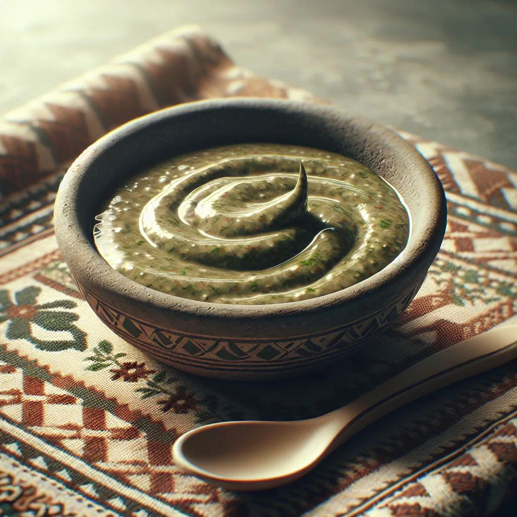Bowl of hilbeh paste with olive oil and fresh vegetables