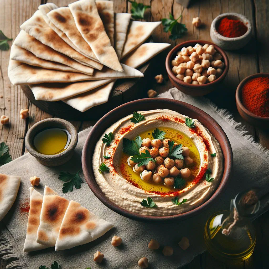 Creamy hummus in a shallow bowl topped with olive oil and paprika