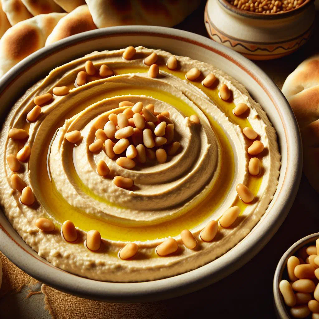 Creamy hummus topped with toasted pine nuts and a drizzle of olive oil