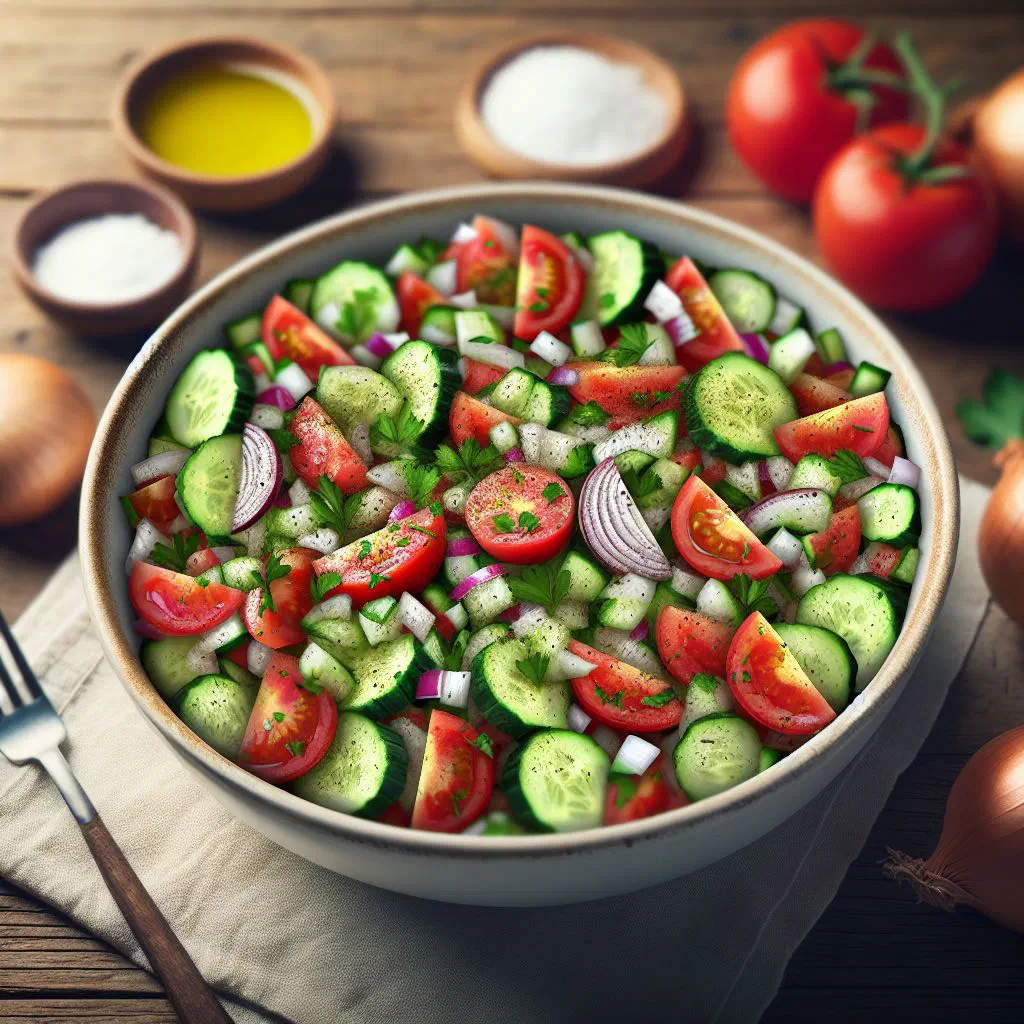 Fresh Israeli salad of diced tomatoes, cucumber and peppers with olive oil