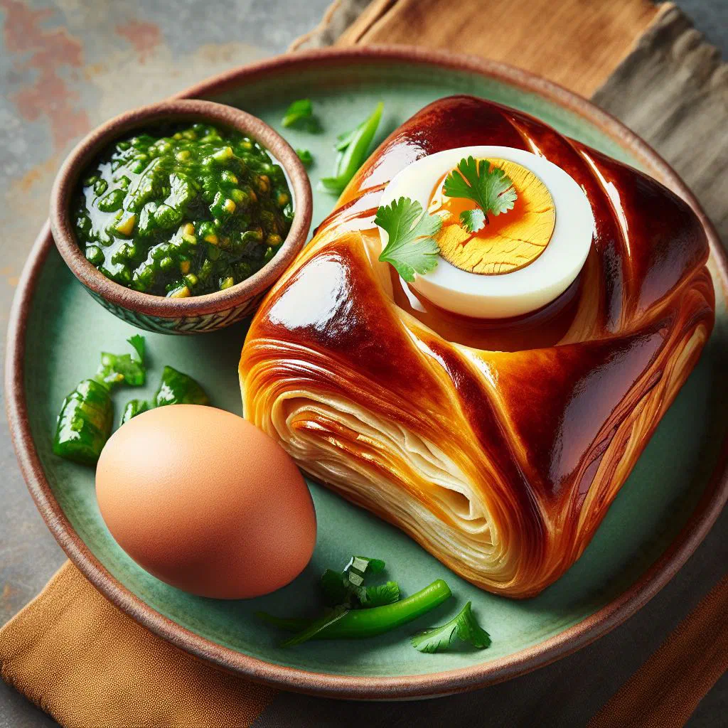Rolled Jachnun pastry served with a soft-boiled egg and green zhug