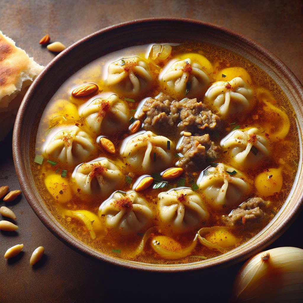 Kubbeh soup with semolina dumplings in a rich vegetable broth