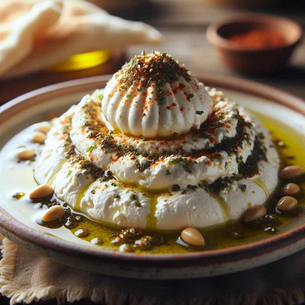 Bowl of creamy labneh drizzled with olive oil and sprinkled with za'atar