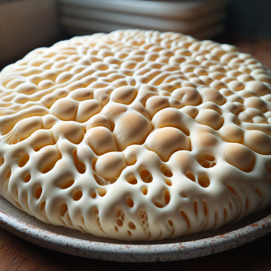 Golden spongy lachuch flatbread with a bubbled top on a plate
