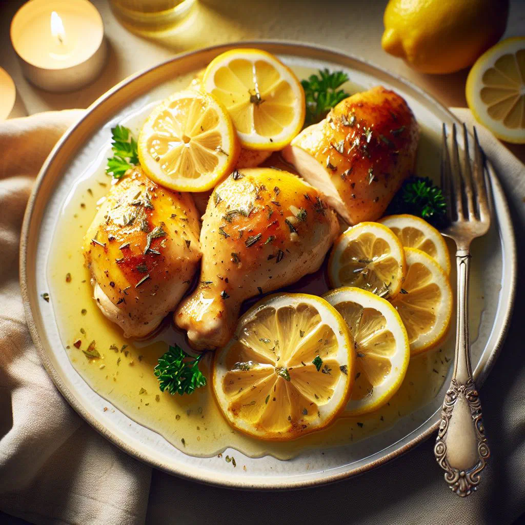 Golden pan-fried lemon chicken with fresh herbs and lemon slices