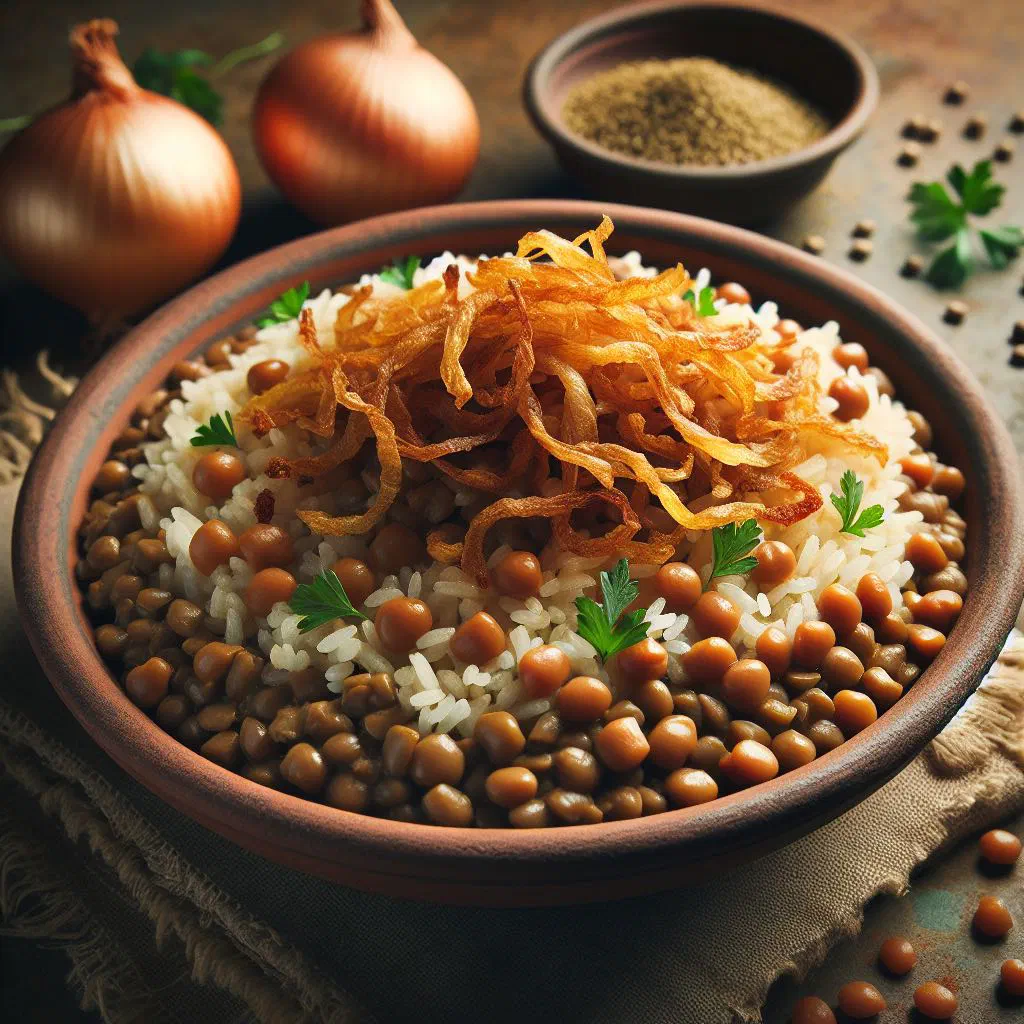 Bowl of lentil and rice mujadara topped with golden caramelised onions