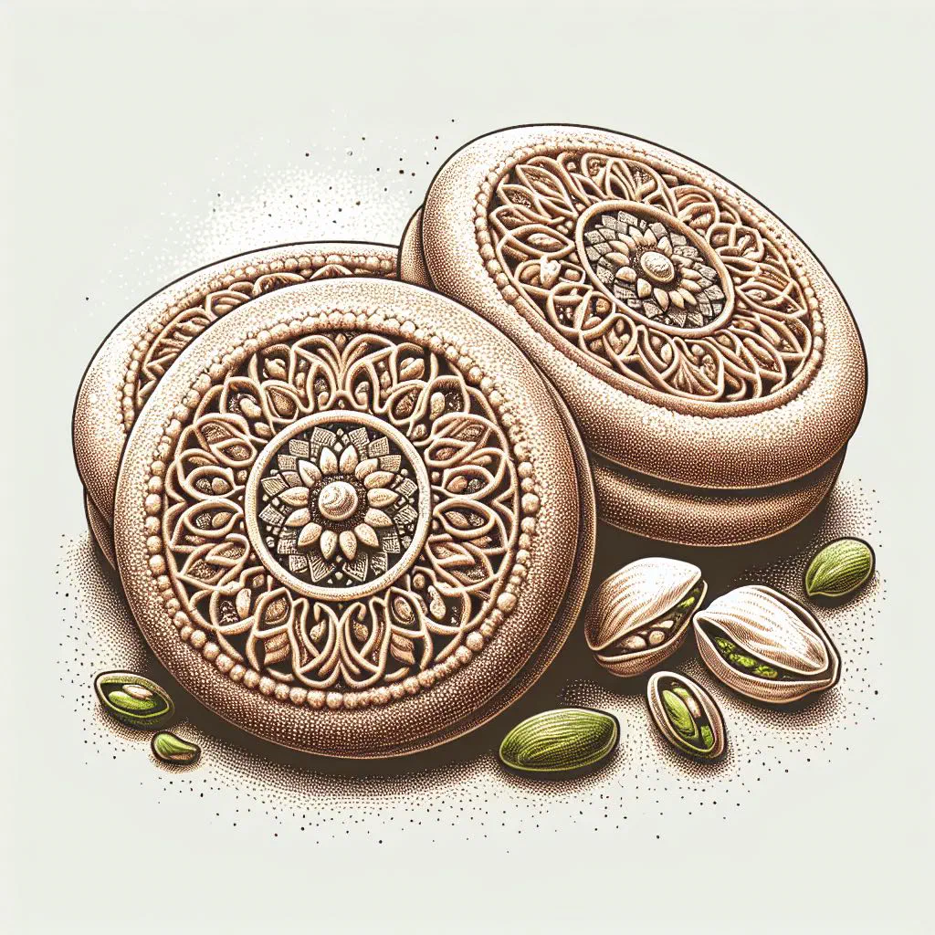 Golden ma'amoul cookies dusted with icing sugar on a plate