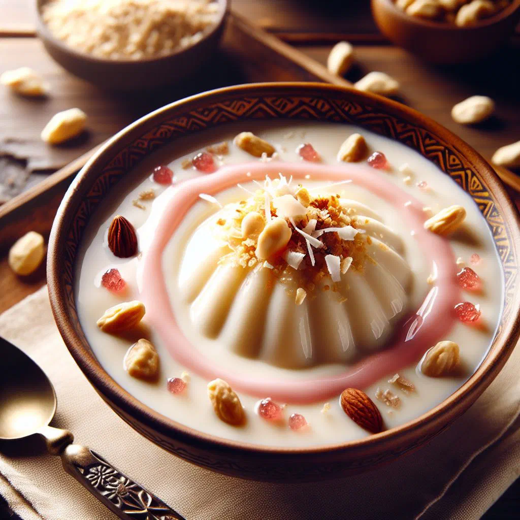 Creamy malabi pudding topped with fruit syrup and chopped nuts