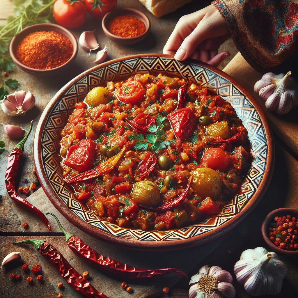 Cooked matbucha of tomatoes and peppers garnished with parsley