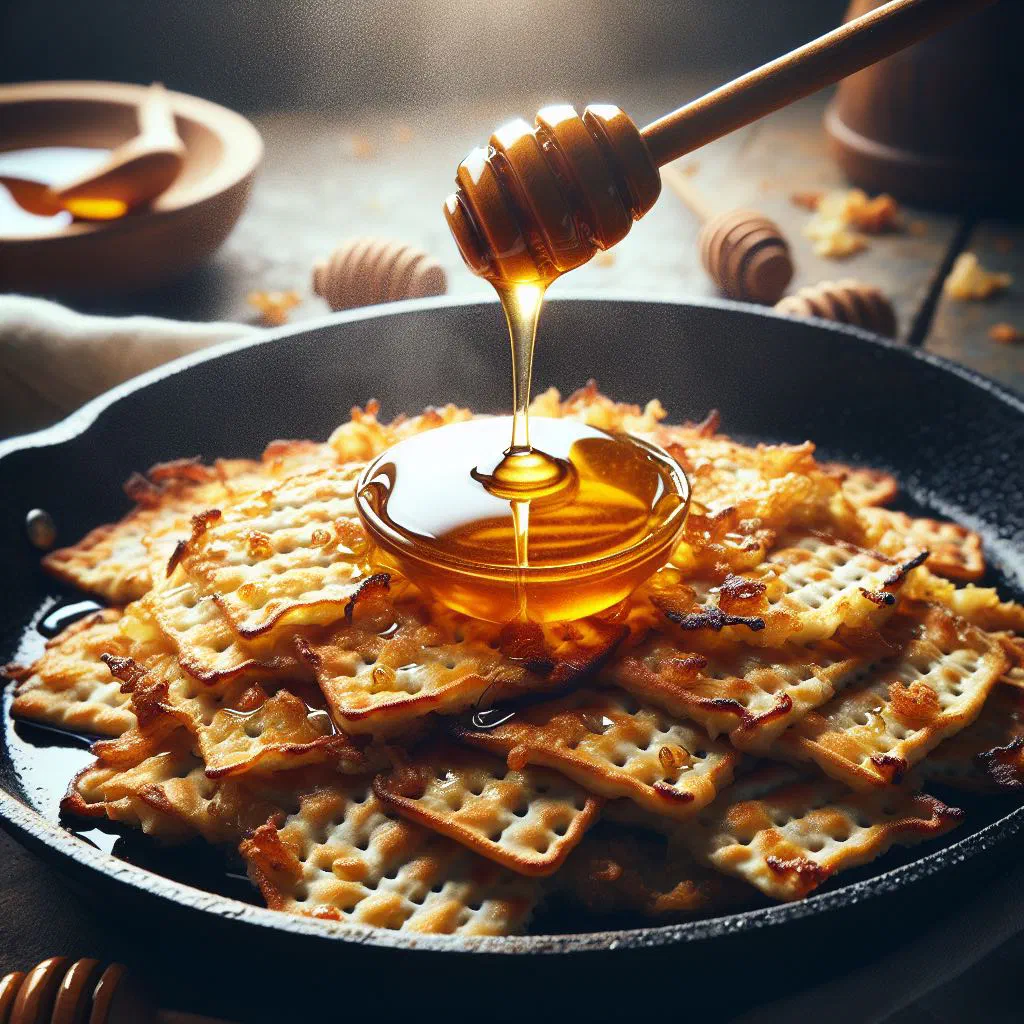 Golden pan-fried matzah brei drizzled with honey