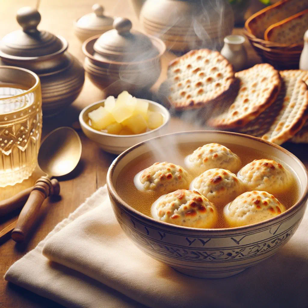 Bowl of matzo ball soup with golden broth, carrots and fresh dill