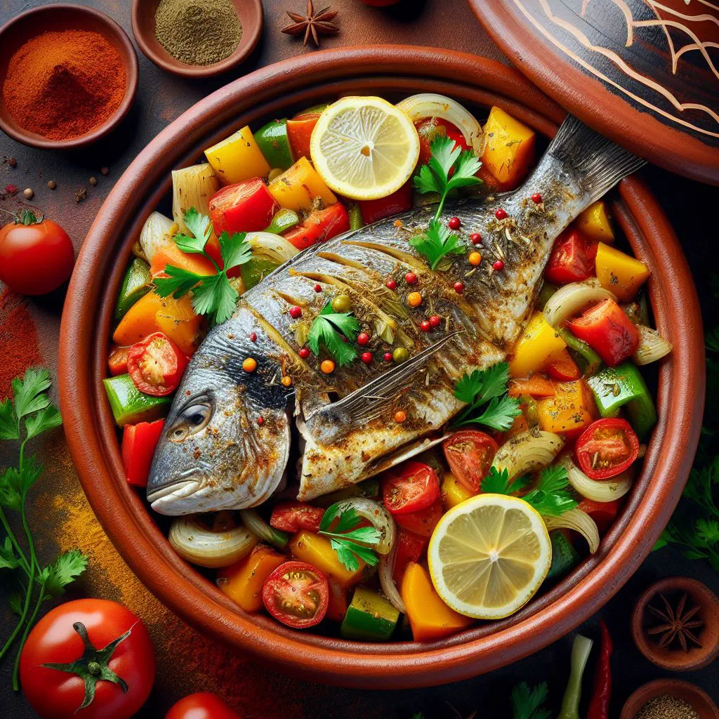 Moroccan fish fillets simmered in a spiced red tomato and pepper sauce