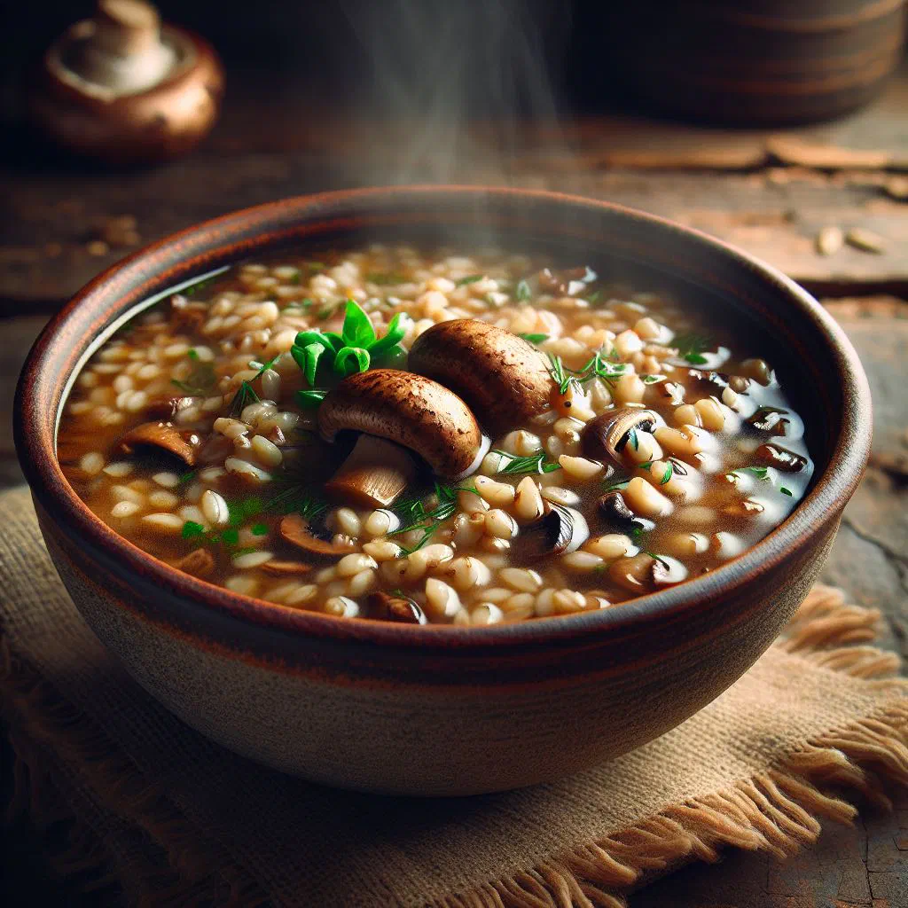 Bowl of mushroom barley soup with carrots and fresh parsley