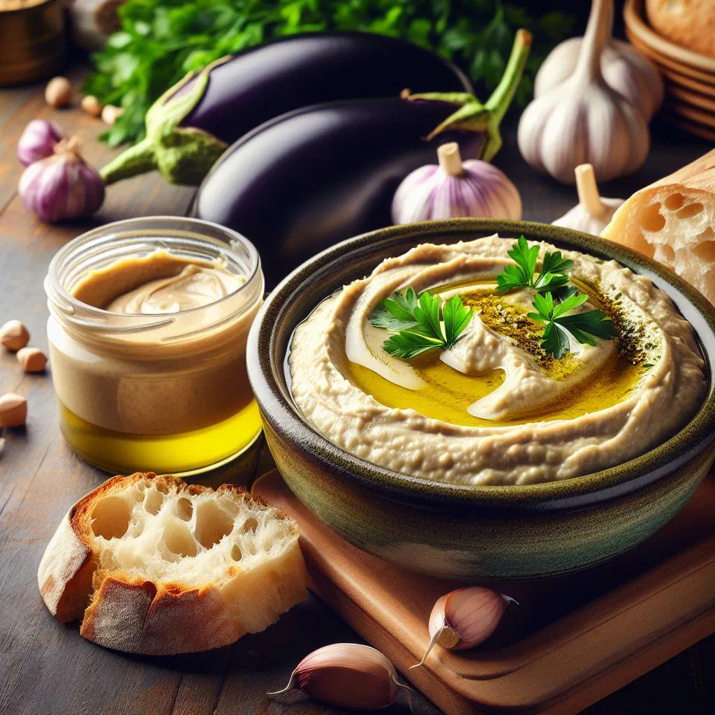 Creamy mutabbal aubergine dip drizzled with olive oil and fresh herbs