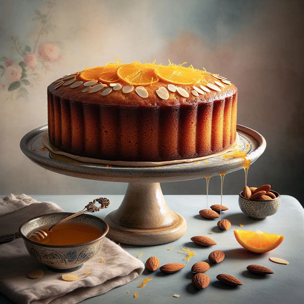 Orange almond cake dusted with icing sugar on a serving plate