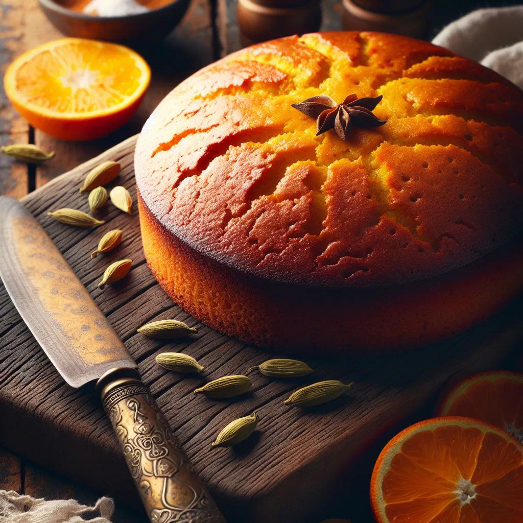 Golden orange cardamom cake dusted with icing sugar and topped with orange slices
