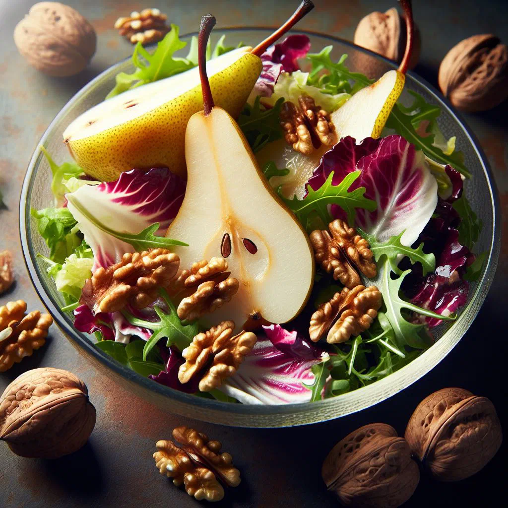Pear and walnut salad with rocket and a honey-lemon dressing