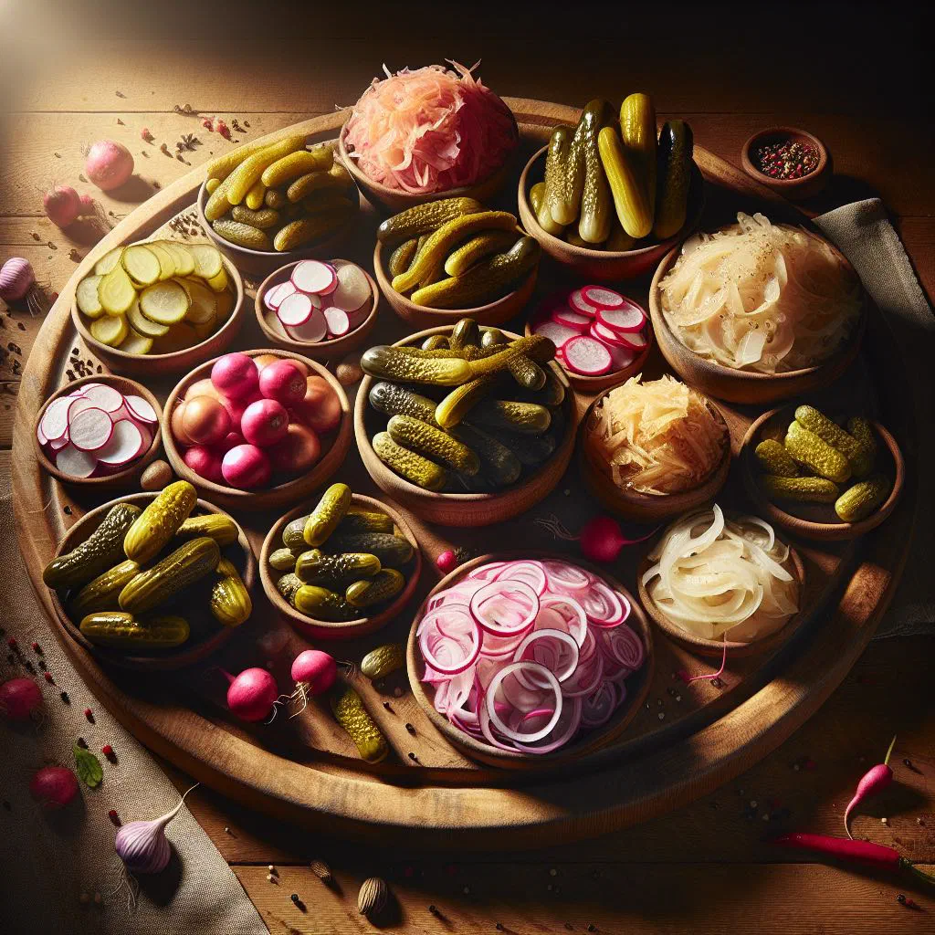 Jars of colourful pickled carrots, cucumbers and peppers in a spiced brine