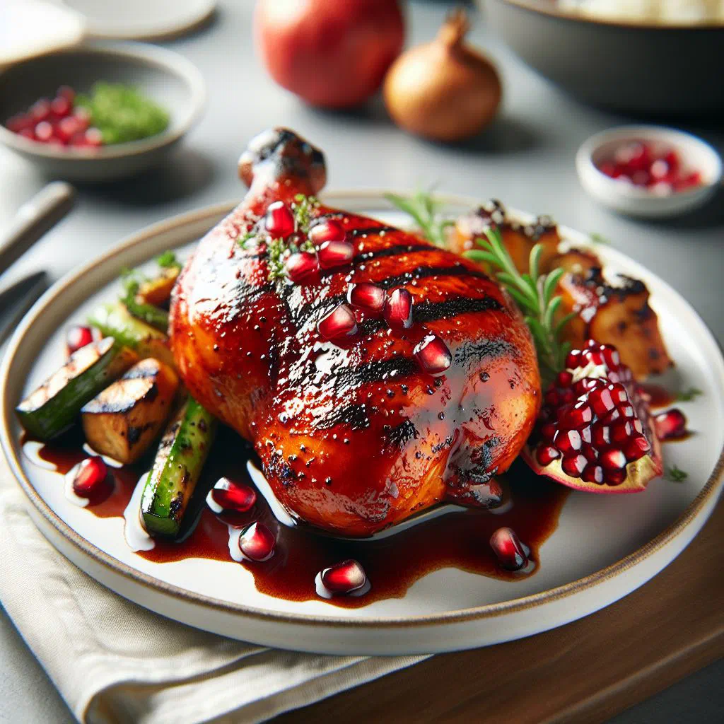 Pan-seared chicken breasts in a glossy pomegranate glaze scattered with fresh pomegranate seeds