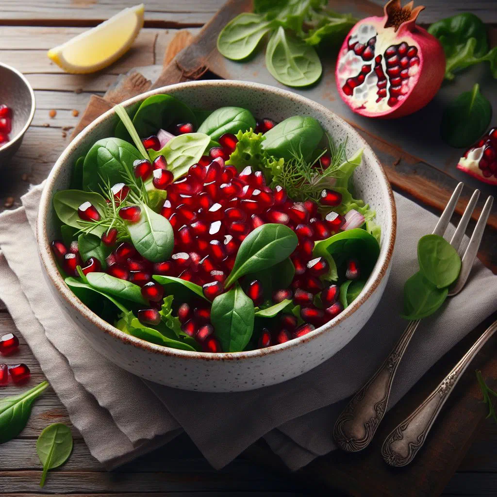 Bowl of pomegranate salad with jewelled seeds, cucumber and fresh parsley