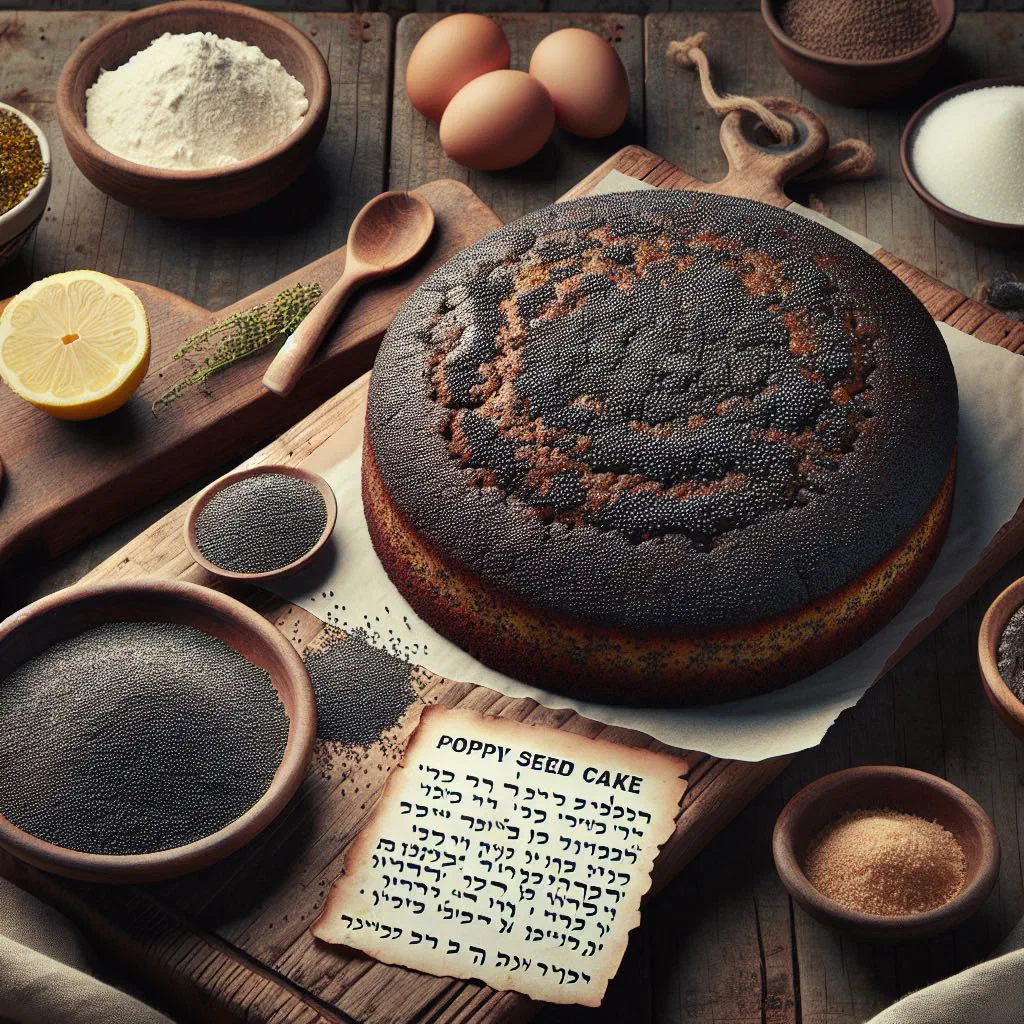 Slice of moist Israeli poppy seed cake dusted with icing sugar