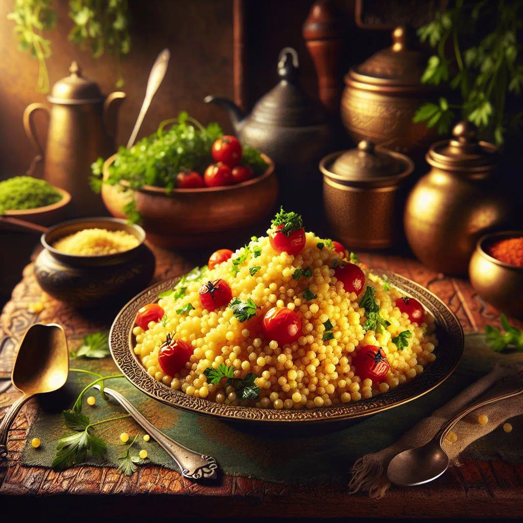 Toasted Israeli couscous with sautéed vegetables and fresh herbs in a shallow bowl