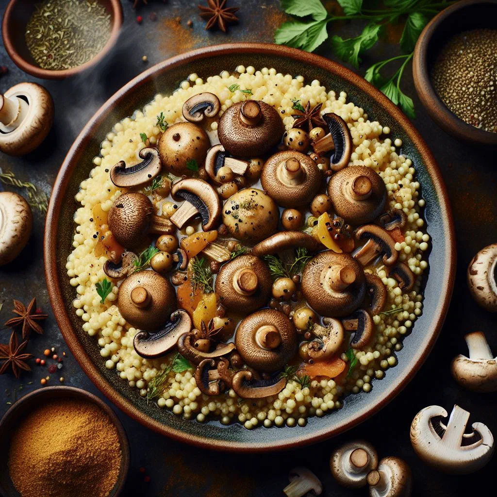 Toasted ptitim pearls tossed with sautéed mushrooms and fresh parsley