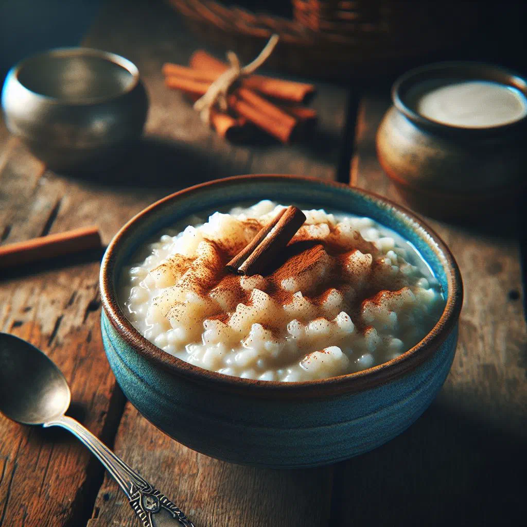 Creamy rice pudding dusted with cinnamon in a dessert bowl