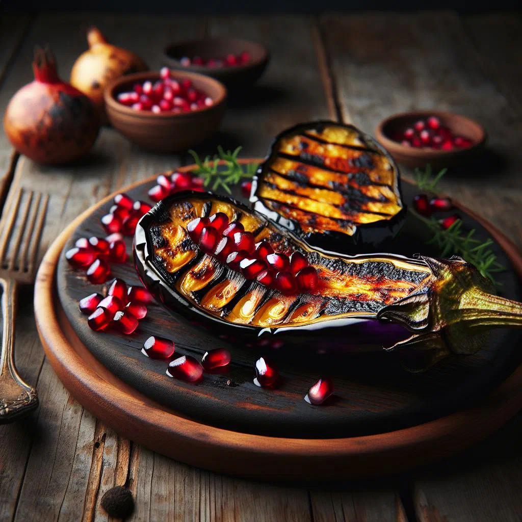 Roasted aubergine halves topped with fresh pomegranate seeds and parsley