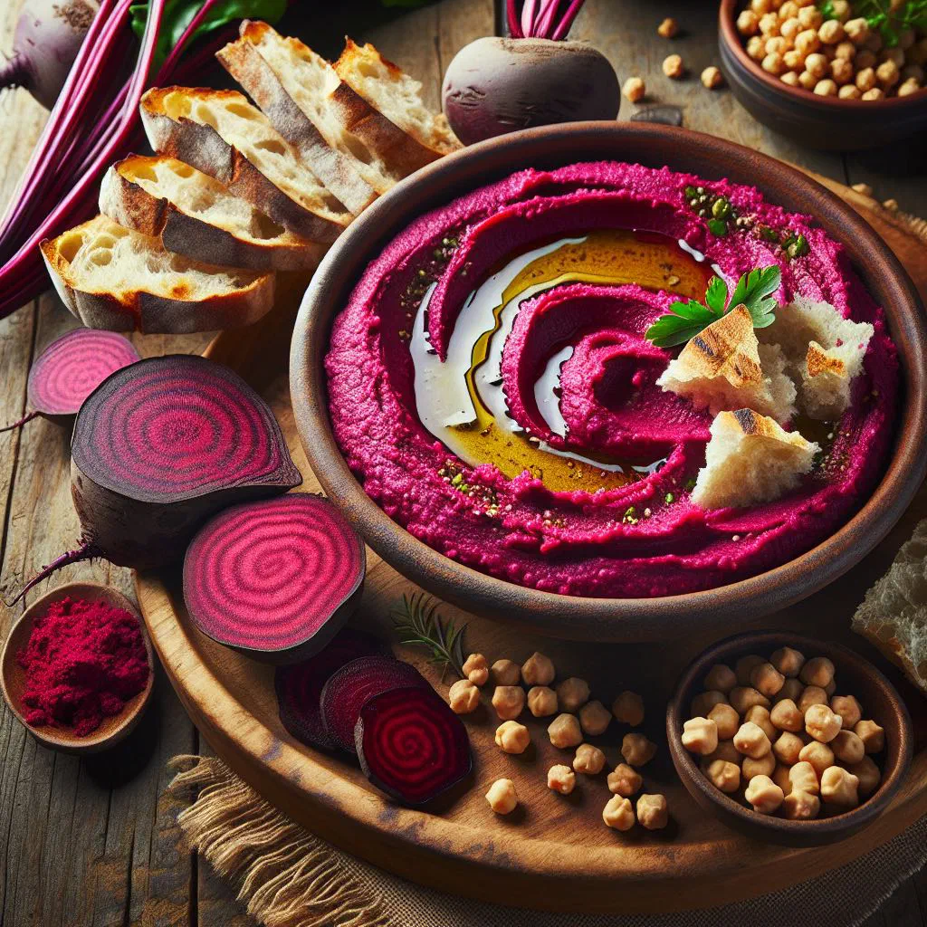 Bowl of vivid pink roasted beet hummus drizzled with olive oil and fresh herbs
