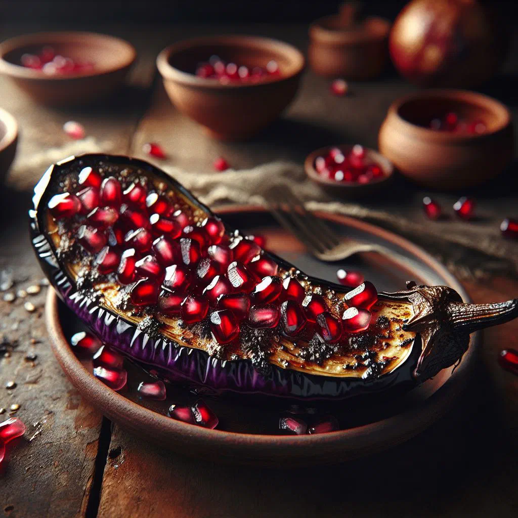 Roasted eggplant scattered with pomegranate seeds and fresh parsley